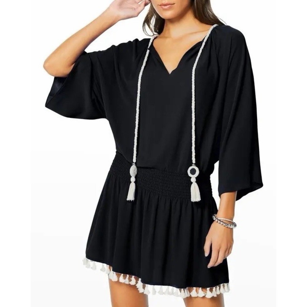 Ramy Brook New York Katana Coverup Dress M Black Tassel Fringe Smocked Waist